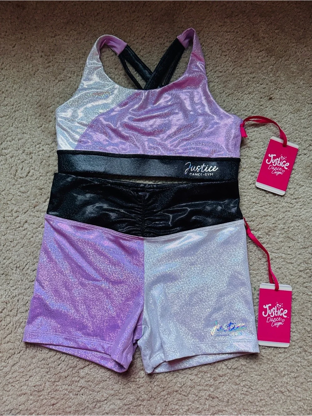NWT Justice Girls 2-Pc Dance Gym Set – Holographic Purple & Silver (Size L)